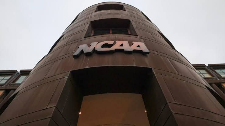 A view of the NCAA headquarters building exterior.