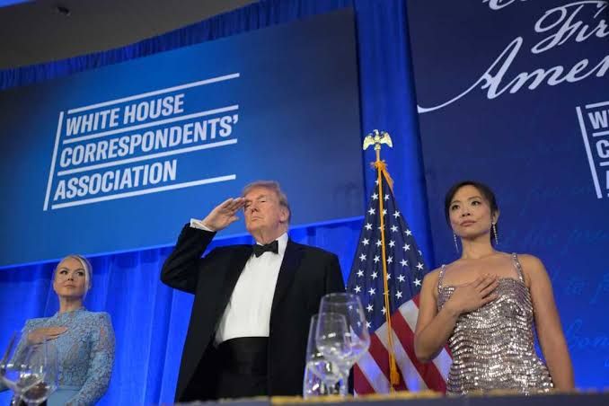 President Donald Trump addresses the audience at the White House Correspondents' Association Dinner at the Waldorf Astoria.