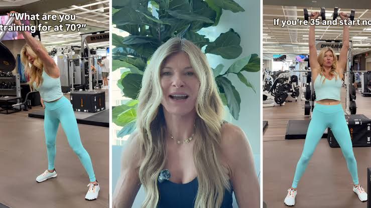 Fitness coach Carrie Sisson demonstrating a strength movement to showcase mobility at age 70.