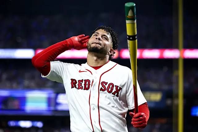 Willson Contreras of the Boston Red Sox reacts during the 2026 Home Run Derby at Citizens Bank Park.