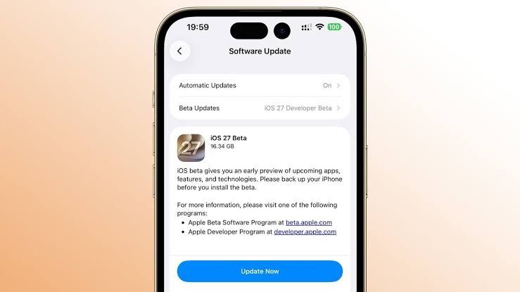 An iOS 27 beta screen showing system settings and version information on an iPhone display.