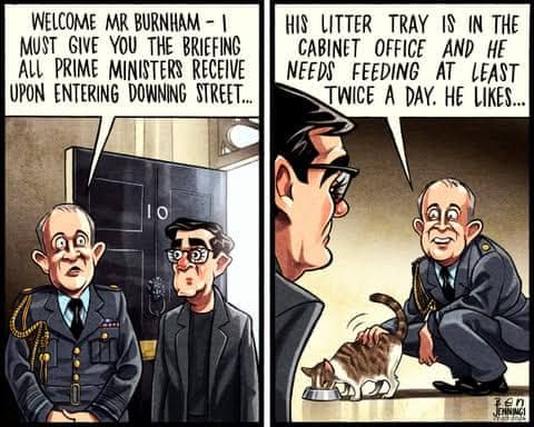 Editorial cartoon by Ben Jennings showing Andy Burnham approaching the door of 10 Downing Street.