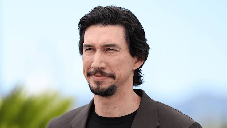 Adam Driver posing on a red carpet while wearing a dark suit at a film premiere event.