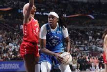 Jonquel Jones holding the WNBA All-Star Game MVP trophy at the United Center in Chicago.