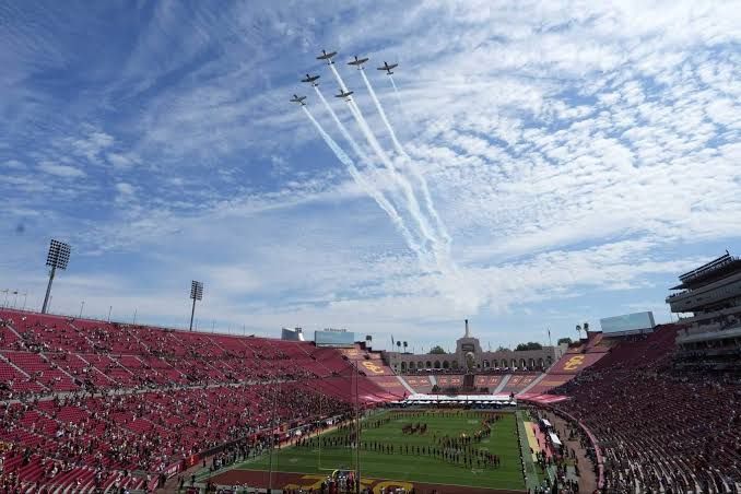 Empty lower level seating sections during the USC football season opener at the Los Angeles Memorial Coliseum.