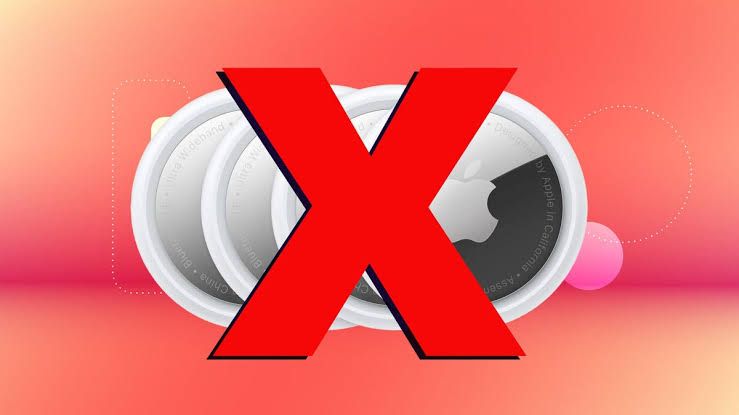Apple AirTag with a red X symbol overlaid to indicate it should not be used on pets.