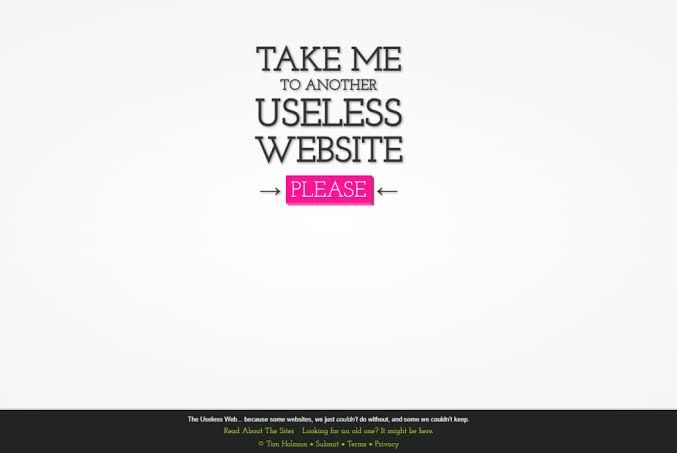 The Useless Web homepage showing a large button labeled PLEASE on a simple web background.