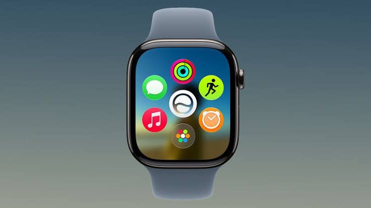 An Apple Watch Series 11 displaying the updated app grid interface with Siri suggestions at the center.