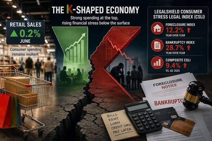 A busy shopping mall interior with shoppers holding bags as a backdrop for a graph showing rising bankruptcy trends.