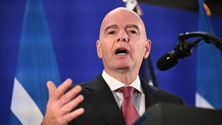 FIFA President Gianni Infantino speaking to journalists in New York ahead of the World Cup final.