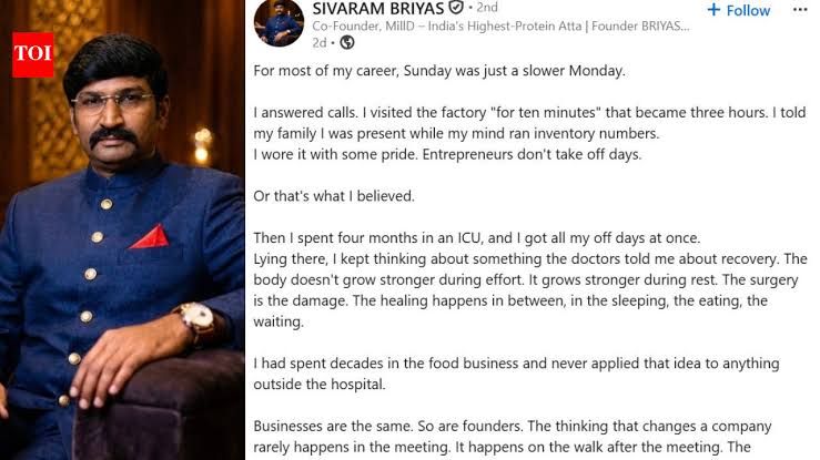Sivaram Briyas, Bengaluru entrepreneur, speaking at a business event about his experience with health and burnout.