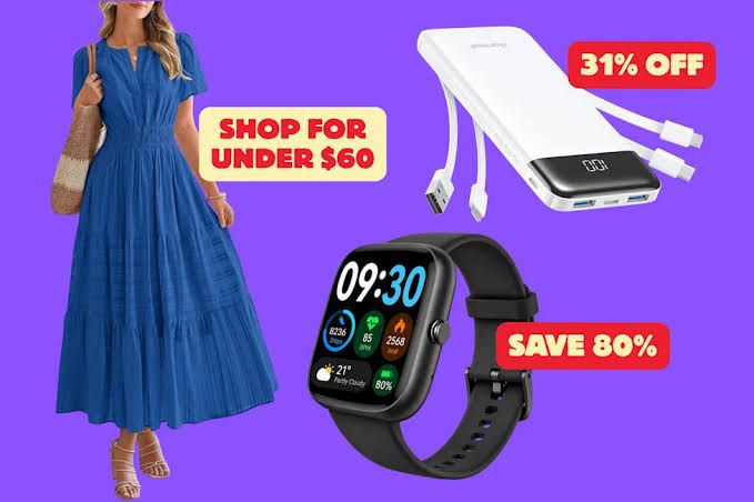 Selection of discounted Amazon Canada products including a smartwatch, luggage, and cleaning supplies.
