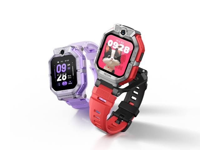 Redmi Kids Watch Pro shown in two color options with dual-camera hardware visible.