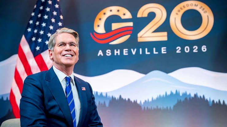 Treasury Secretary Scott Bessent speaking at the G20 Finance Track meetings in Asheville, North Carolina.