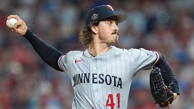Joe Ryan pitches for the American League team during the Major League Baseball All-Star Game.