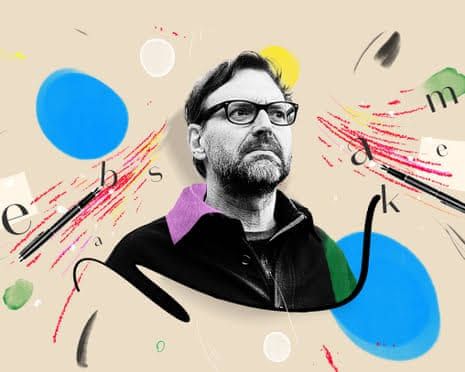 Tim Dowling wearing glasses surrounded by artistic colorful circles and brushstrokes in a black-and-white portrait.