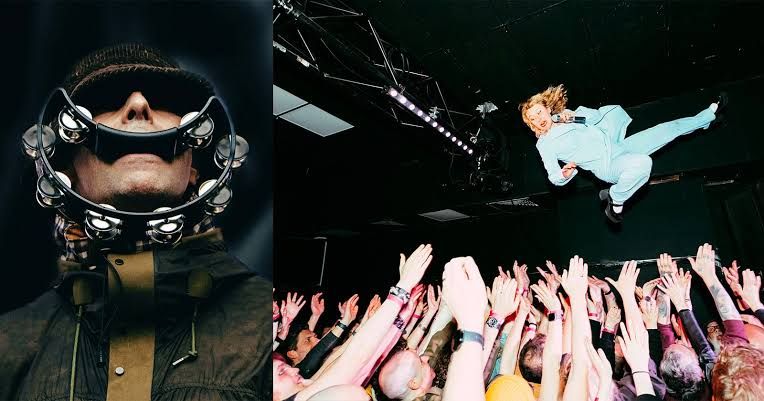 Split screen of Liam Gallagher with a tambourine and a crowd-surfing performer during the 2026 Music Photography Awards.