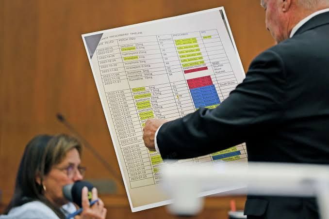Defense attorney Kevin Reddington presents a list of medications during the Lindsay Clancy murder trial.