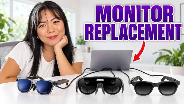 First-person view of a virtual multi-monitor setup displayed through AR glasses.