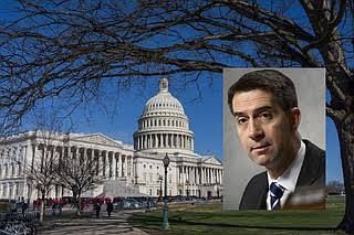 Senator Tom Cotton speaking at a press conference regarding his new bill to reduce professional licensing requirements.