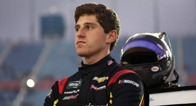 Nick Sanchez wearing a team firesuit at Chicagoland Speedway while preparing for a race in July 2026.