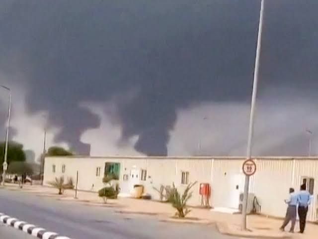 Clouds of smoke rise from the Saudi Aramco refinery in Jizan after drone strikes.