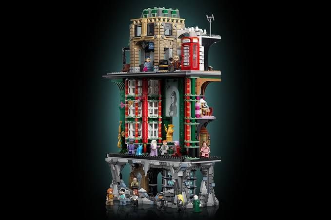 Lego Ministry of Magic collectors set standing 20 inches tall showing multiple levels and detailed interior office rooms.