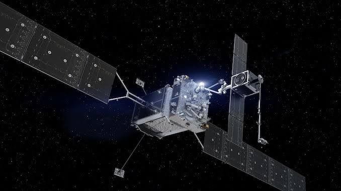 Northrop Grumman Mission Robotic Vehicle and Mission Extension Pods in space, demonstrating satellite docking mechanics.
