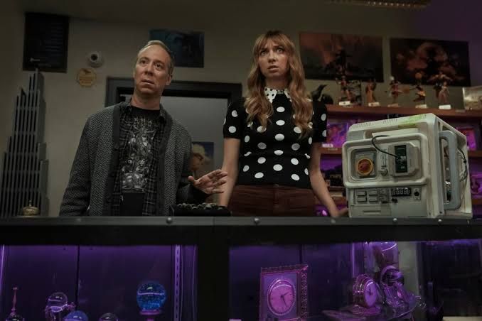 Kevin Sussman and Lauren Lapkus in a scene from the television series Stuart Fails to Save the Universe on HBO Max.
