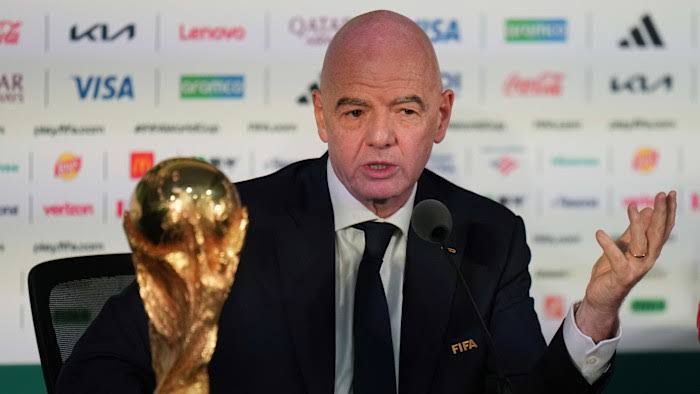 Gianni Infantino speaking at a press event regarding the $20 billion Fifa commercial venture.