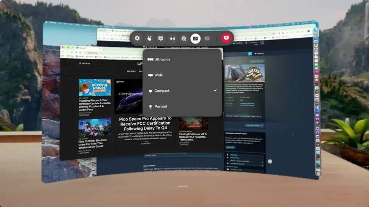 Meta Virtual Display interface on a Mac showing the new quick-connect prompt floating over a laptop.