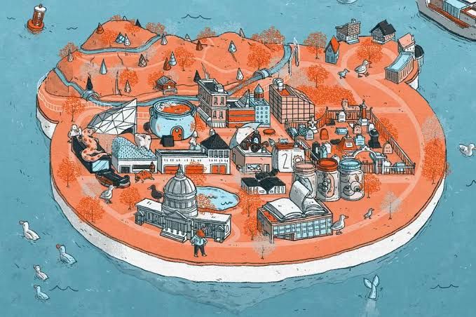 An artistic illustration depicting a whimsical, small-town setting with various characters representing a fictional community.