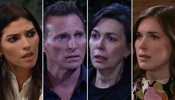 Anna Devane holding a gun during a tense moment with Jason Morgan and Britt Westbourne at Mount Emerson.
