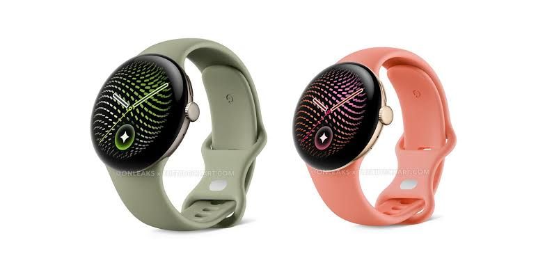 Four color variants of the Google Pixel Watch 5 displaying different watch faces, cases, and bands.
