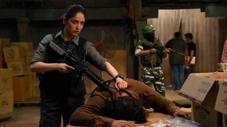 Cast and film poster for Article 370 featuring lead actress Yami Gautam in a dramatic pose.