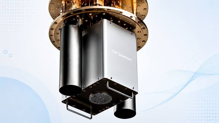 IBM Quantum Heron processor hardware showing interconnected qubits within a cryogenic dilution refrigerator.