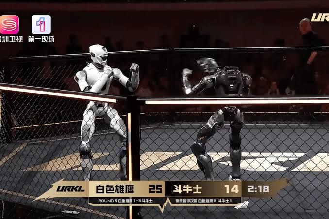 Two T800 humanoid robots fighting at the Ultimate Robot Knock-out Legend competition in Shenzhen, China.