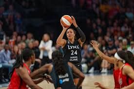Basketball court showing the Minnesota Lynx and Indiana Fever logos during a professional WNBA game.