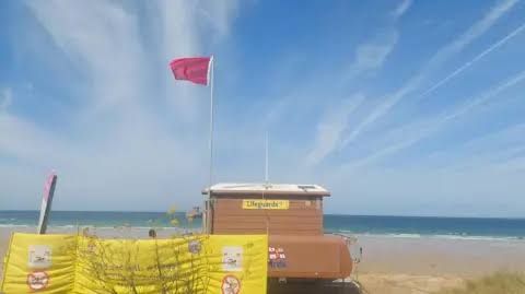 A red warning flag flying on a beach in Jersey following reports of a shark sighting.