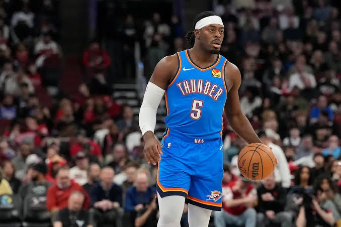 Lu Dort defends during a game for the Oklahoma City Thunder during their 2025 championship season.