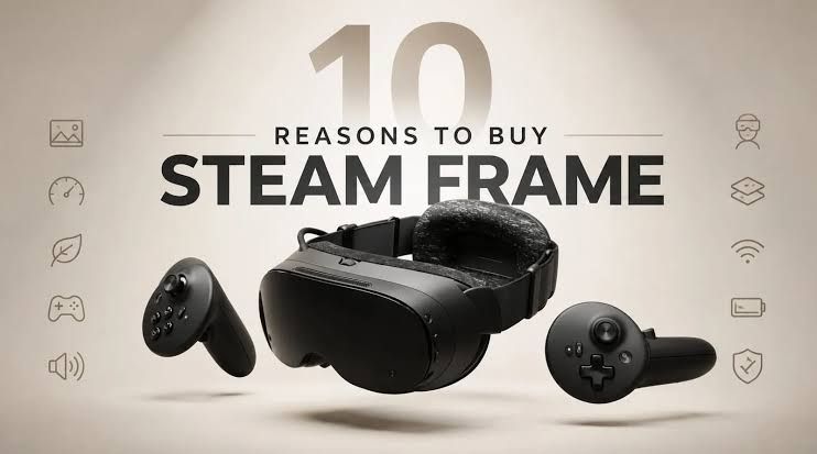 A person wearing a Steam Frame VR headset and using magnetic controllers to play games wirelessly.