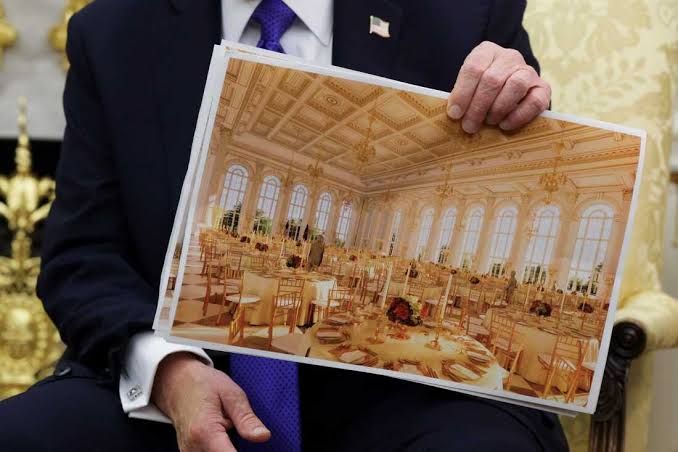 President Trump shows a rendering of the $250 million White House ballroom during a press event in Washington, D.C.