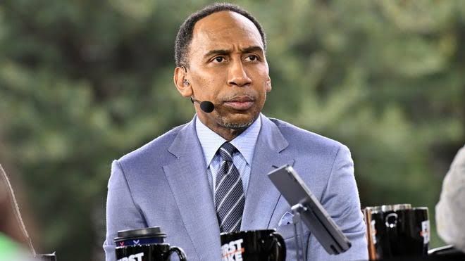 Stephen A. Smith speaking during a live broadcast of his personal program.