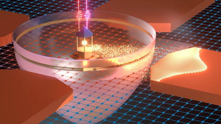 Researchers operating a laser setup at the Lurie Nanofabrication Facility to test electron flow in a semiconductor.