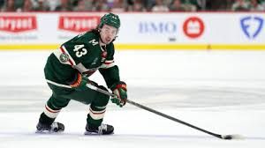 Quinn Hughes wearing a Minnesota Wild jersey while skating on the ice during an NHL game.