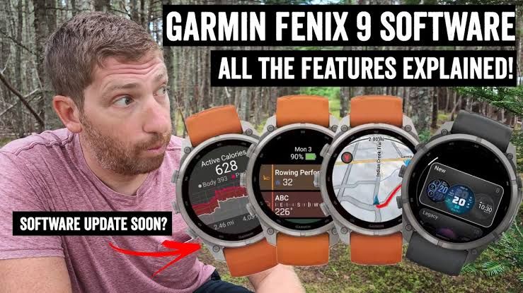 Garmin Fenix 9 and Fenix 8 watches side by side showing software interface updates.