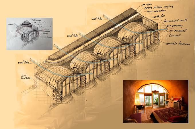 A technical architectural rendering of the fire and tornado resistant Earthship residence featuring ferro-cement vaults.