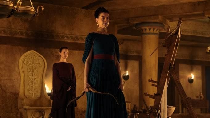 Mia Goth and Anne Hathaway in a scene from Christopher Nolan's The Odyssey.