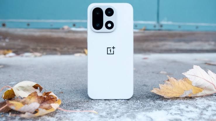 A white OnePlus phone sitting on a sidewalk next to fallen leaves.
