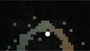 A stylized digital simulation showing a particle navigating a grid of blocks by pushing them to clear a path.